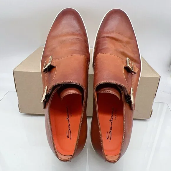 Santoni Mens Bankable Sneaker MonkStrap Double Buckle Brown Leather US 11.5